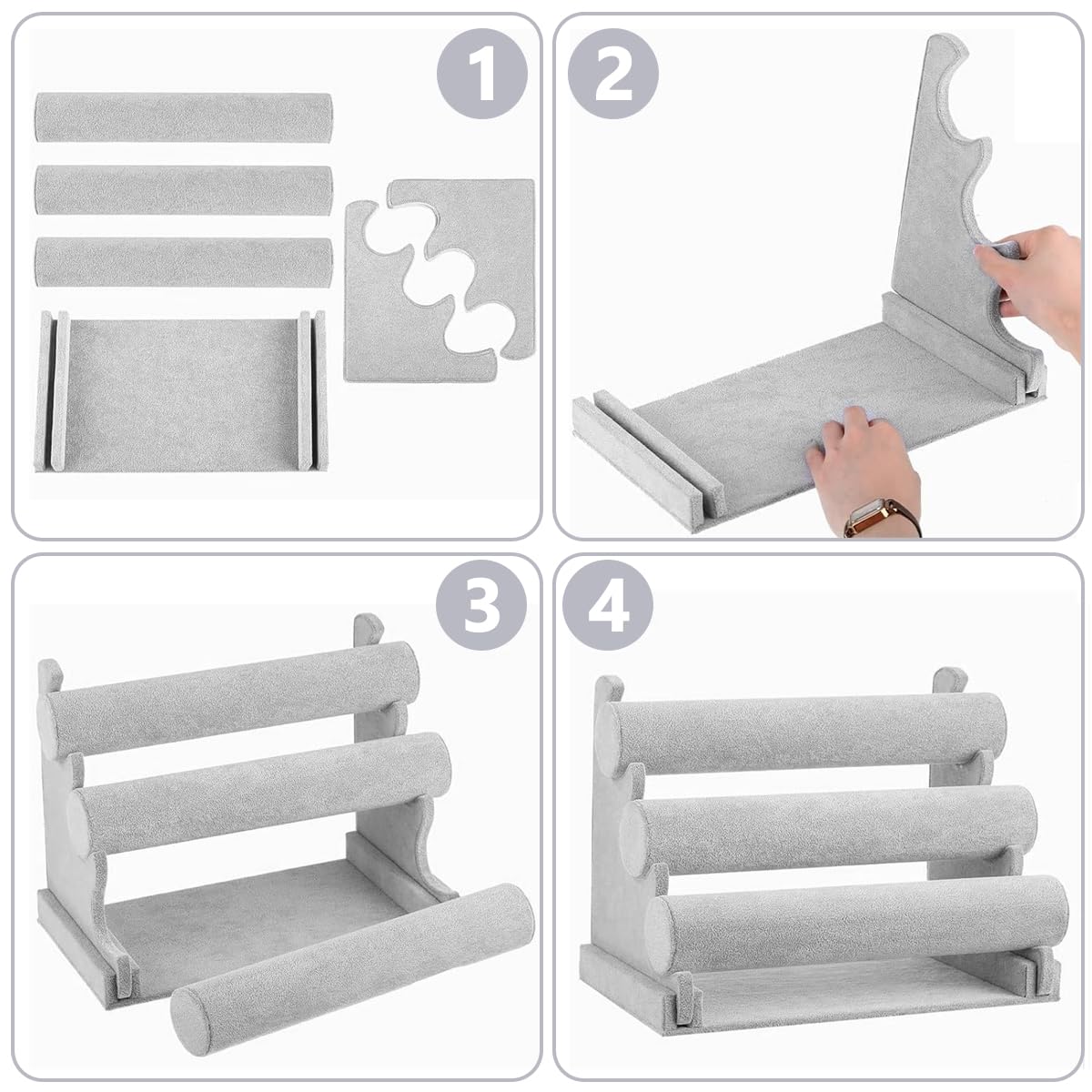 MAYCREATE Bracelet Holder Organizer 3-Tier Jewelry Display Stand for Watch Bangle Bracelet - Detachable Velvet Desk Bracelets Storage Showcase Rack, Grey MAYCREATE Bracelet Holder Organizer 3-Tier Jewelry Display Stand for Watch Bangle Bracelet - Detachable Velvet Desk Bracelets Storage Showcase Rack, Grey